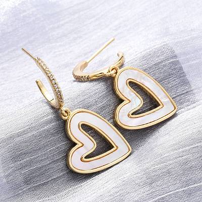 Heart Brass Micro Pave Clear Cubic Zirconia Dangle Stud Earrings KK-D363-12C-G-1