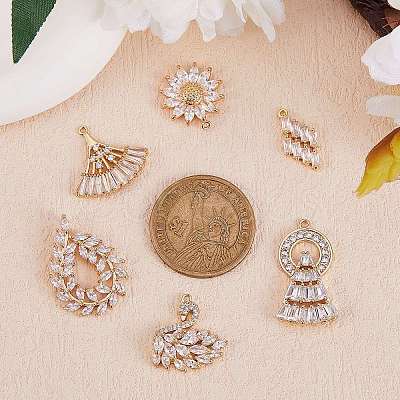 6Pcs 6 Style Brass Micro Pave Clear Cubic Zirconia Pendants KK-SZ0005-43-1