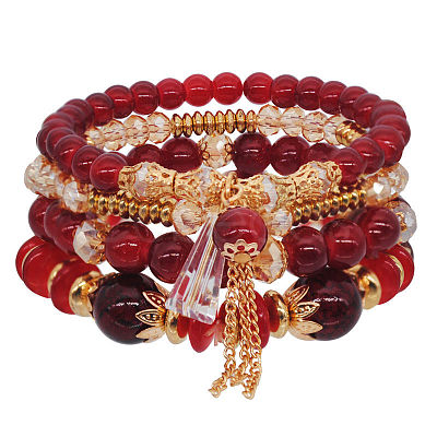 4Pcs 4 Styles Bohemian Style Alloy Glass Round Beaded Stretch Bracelets FS-WG80D8B-01-1