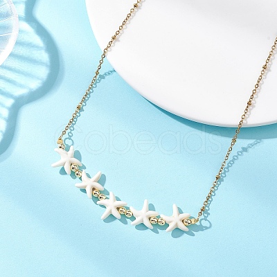 Ocean Dyed Synthetic Turquoise Starfish Beaded Bib Necklaces with 304 Stainless Steel Satellite Chains NJEW-JN05979-02-1