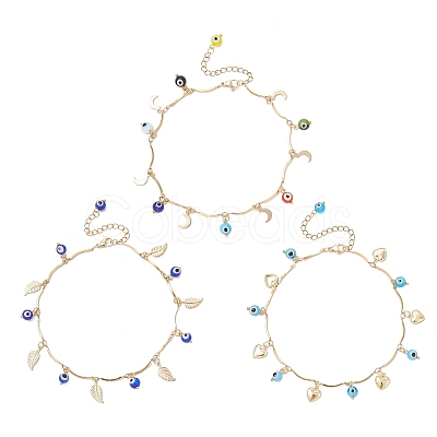 3Pcs 3 Styles Handmade Evil Eye Lampwork & Stainless Steel Moon Heart Leaf Tassel 304 Stainless Steel Curved Bar Link Chain Anklets for Women AJEW-AN00742-1