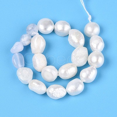Natural Blue Lace Agate Nuggets & Natural Cultured Freshwater Pearl Beads Strands PEAR-N023-01A-04-1