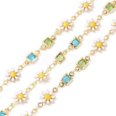 Enamel Flower & Glass Square Link Chains CHC-P009-36G-1
