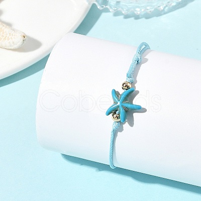 2Pcs 2 Colors Ocean Dyed Synthetic Turquoise Starfish Beaded Adjustable Waxed Polyester Cord Bracelets for Women BJEW-JB14242-1