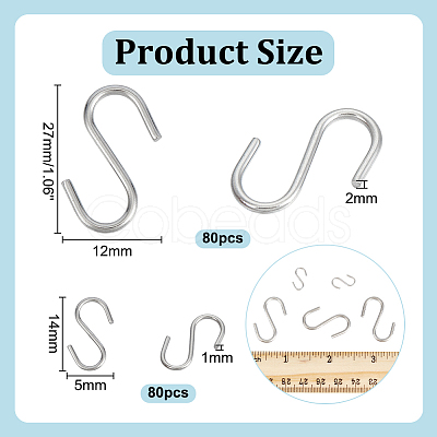 160Pcs 2 Styles 304 Stainless Steel S Hook Findings STAS-PH0006-70-1