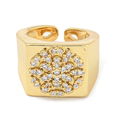 Rectangle with Flower Clear Cubic Zirconia Open Cuff Ring RJEW-L121-029G-1