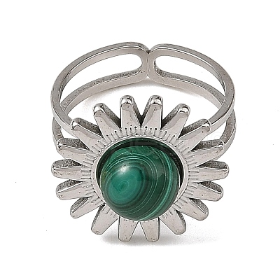 Natural Malachite & Stainless Steel Cuff Open Rings RJEW-JR01091-02-1
