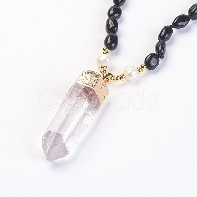 Natural Black Tourmaline and Natural Quartz Crystal Pendant Necklaces NJEW-I220-05-1