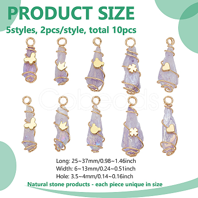 10Pcs 5 Styles Electroplated Natural Quartz Crystal Copper Wire Wrapped Pendants PALLOY-FG00005-1