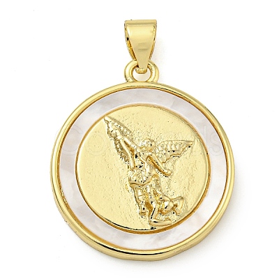 Rack Plating Brass Pave Shell Flat Round Pendants KK-Z063-11G-01-1