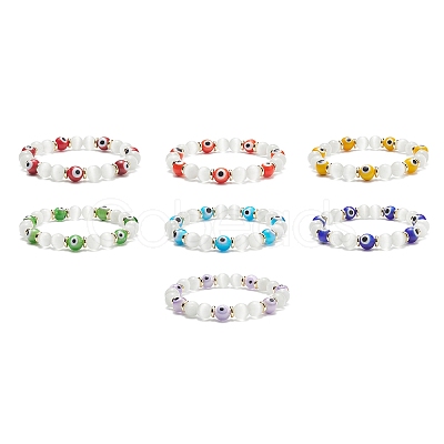 7Pcs 7 Color Cat Eye & Lampwork Evil Eye Round Beaded Stretch Bracelets BJEW-JB08880-1