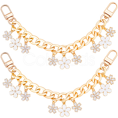 2Pcs Alloy Enamel White Flower Pendant Aluminum Curb Chain Bag Decorative Chains HJEW-BBC0001-36-1