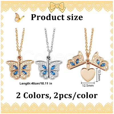 4Pcs 2 Colors Alloy Pave Cornflower Blue Glass Blank Butterfly Locket Pendant Necklaces for Women NJEW-DR0001-10-1