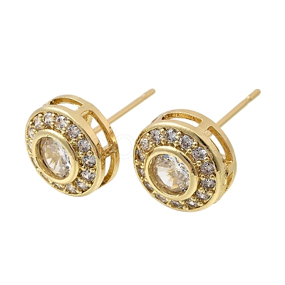 Flat Round Brass Micro Pave Clear Cubic Zirconia Stud Earrings EJEW-H180-13G-1