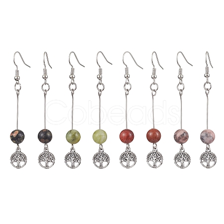 4 Pairs Natural Gemstone Round Beaded Dangle Earrings EJEW-JE05630-1