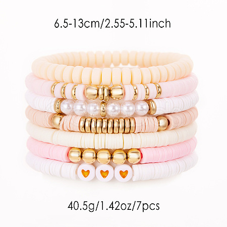 7Pcs Heart Pattern Polymer Clay & Plastic Pearl & CCB Plastic Beaded Stretch Bracelet Set for Women FS-WG634BB-05-1
