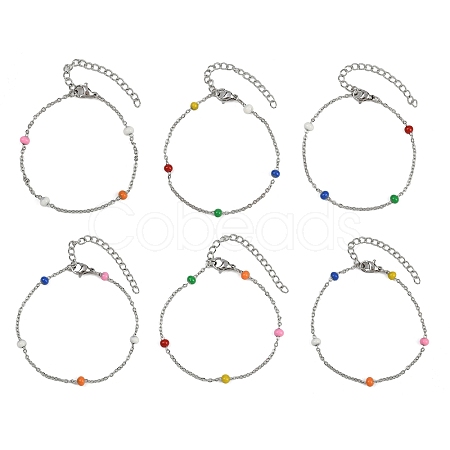 304 Stainless Steel Cable Chain Bracelet with Enamel Rondelle Beaded BJEW-G683-02P-01-1