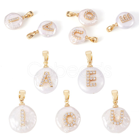 5Pcs 5 Styles Natural Cultured Freshwater Pearl Nuggets with Letter Pendants KK-TA0002-37-1