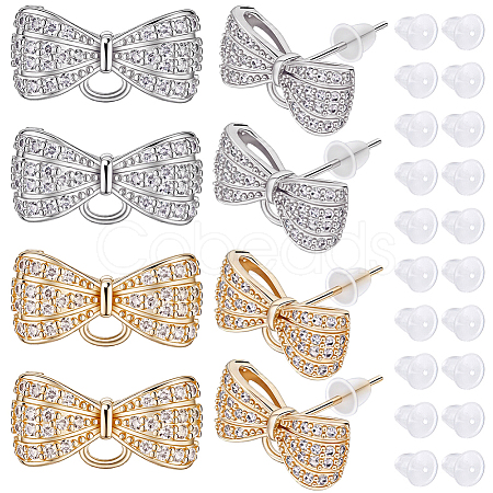 4 Pairs 2 Colors Rack Plating Brass Micro Pave Clear Cubic Zirconia Earring Findings KK-BC0015-27-1