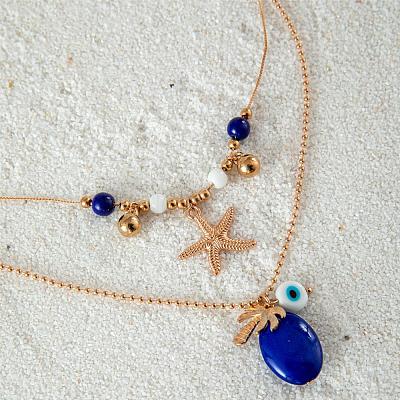 Alloy Starfish Coconut Tree & Oval Resin Pendant Double Layer Necklaces FS-WGC9AA5-01-1