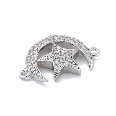 Rack Plating Brass Micro Pave Clear Cubic Zirconia Moon with Star Connector Charms KK-A234-056P-1