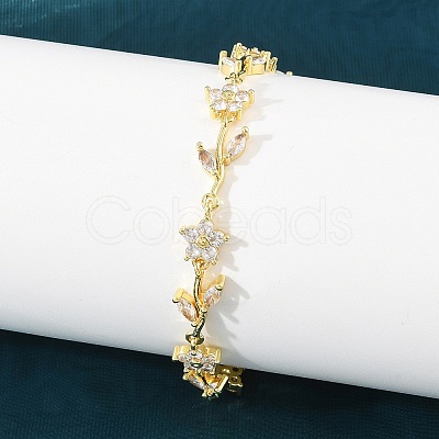Brass Pave Cubic Zirconia Flower Link Chain Bracelets for Women KK-CBA68DA-14G-11-1