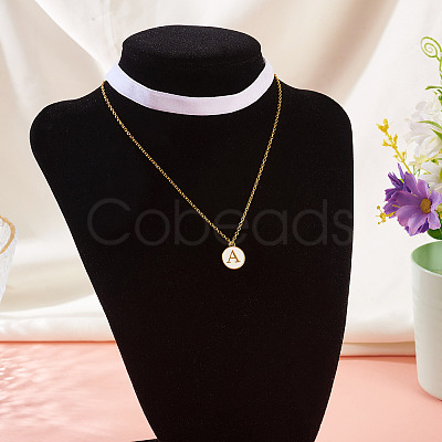 Alloy White Enamel Flat Round with Letter A Pendant Single Face Velvet Ribbon & 304 Stainless Steel Chain Double Layered Necklaces for Women NJEW-TAC0040-1