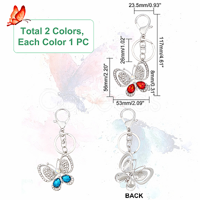 2Pcs 2 Colors Alloy Rhinestone Keychain KEYC-WR0001-06-1