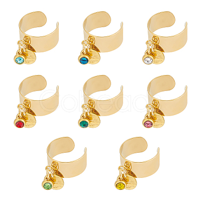 8Pcs 8 Color Birthstone Rhinestone & 201 Stainless Steel Flat Round Charm Rings Set RJEW-AB00003-1