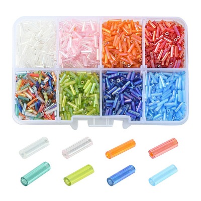 96G 8 Colors Transparent Colours Rainbow Glass Bugle Beads SEED-YW0002-34-1