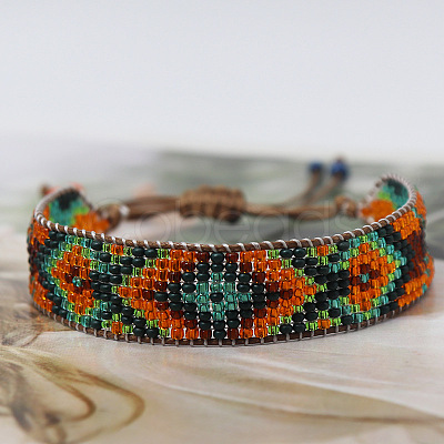 Bohemian Style Rhombus Pattern Glass Seed Beaded Braided Bead Bracelets WG1D303-01-1