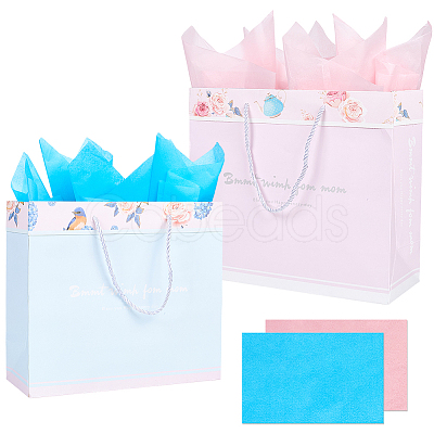 2Pcs 2 Colors Valentine's Day Theme Flower Printed Rectangle Paper Bags with Rope Handle ABAG-SP0001-27-1