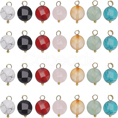 14Pcs 7 Styles Flat Round Faceted Natural & Synthetic Gemstone Pendants PALLOY-AR00010-1