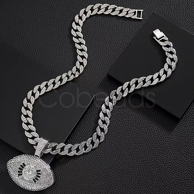 Zinc Alloy Full Crystal Rhinestone with Enamel Black Evil Eye Pendant Cuban Link Chain Necklaces for Men FS-WG3C954-02-1