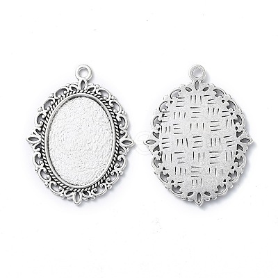Tibetan Style Antique Silver Alloy Flat Oval Pendant Cabochon Settings X-TIBEP-M022-20AS-1