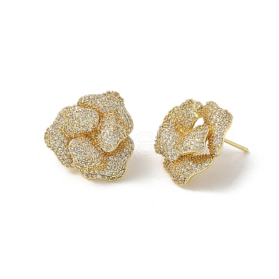 Camellia Flower Brass & Clear Cubic Zirconia Stud Earrings KK-CBA36A2-01G-1