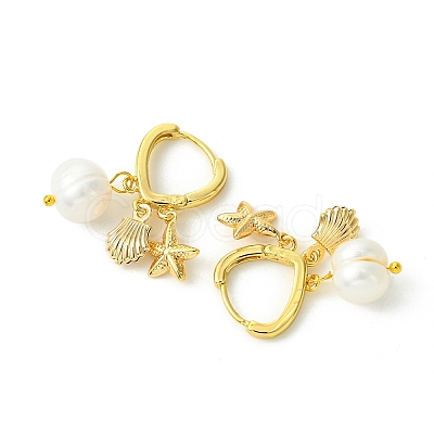 Starfish & Shell & Natural Pearl Drop Huggie Hoop Earrings EJEW-SZ0001-61-1