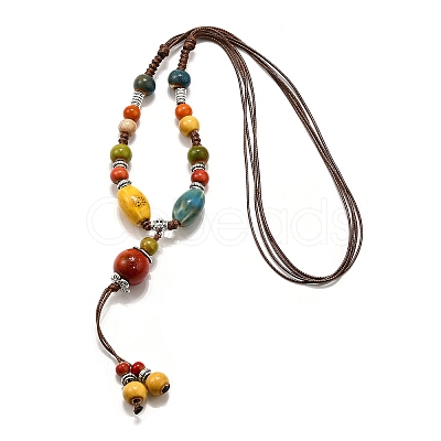 Ethnic Style Alloy & Porcelain Ceramic Beads Round Pendant Tassel Y Necklaces LS-NJEW-D308-01A-1