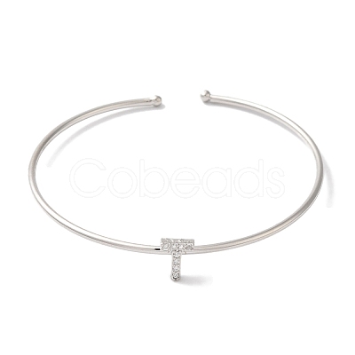 Rack Plating Brass Micro Pave Clear Cubic Zirconia Letter Open Cuff Bangles BJEW-A018-01P-T-1
