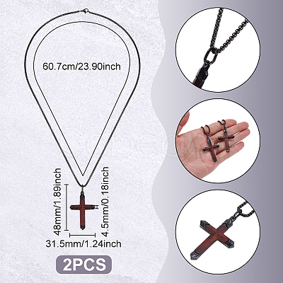 2Pcs Cross Stainless Steel & Wood Pendant Necklaces for Men NJEW-UN0001-82-1