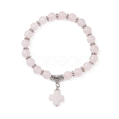 Natural Rose Quartz Cross Charm Bracelets BJEW-JB12259-01-1