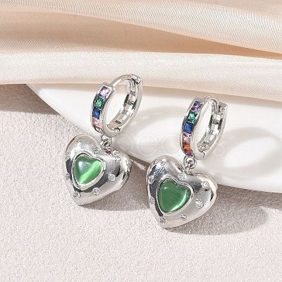 Brass Micro Pave Cubic Zirconia and Cat Eye Beads Heart Hoop Dangle Earrings KK-CBAD9DF-01P-1