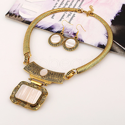 Alloy Rectangle Pendant Necklace & Flat Round Dangle Earring Sets FS-WG0E2DC-02-1