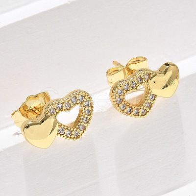Valentine's Day Heart Brass Micro Pave Clear Cubic Zirconia Stud Earrings EJEW-D305-22G-03-1