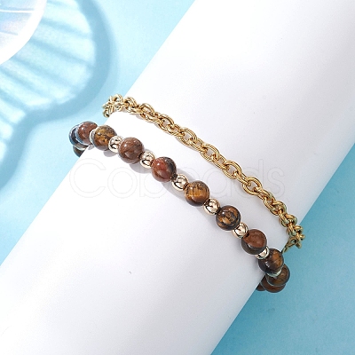 2Pcs 2 Styles Round Natural Grade AB Tiger Eye & Synthetic Hematite Beaded Bracelets & 304 Stainless Steel Cable Chains Bracelets for Women BJEW-JB12800-01-1