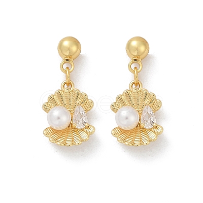 Shell Shape Brass Micro Pave Clear Cubic Zirconia Dangle Stud Earrings EJEW-F895-13G-1