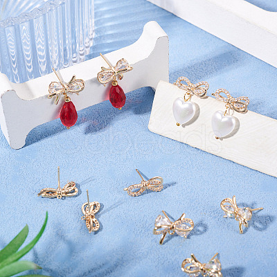 4 Pairs 2 Styles Brass Micro Pave Clear Cubic Zirconia Stud Earring Findings KK-TA0002-63-1