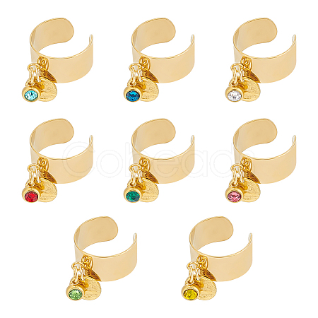 8Pcs 8 Color Birthstone Rhinestone & 201 Stainless Steel Flat Round Charm Rings Set RJEW-AB00003-1