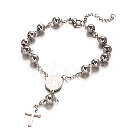 Tarnish Resistant Rosary Bead Bracelets with Cross BJEW-E282-01P-1