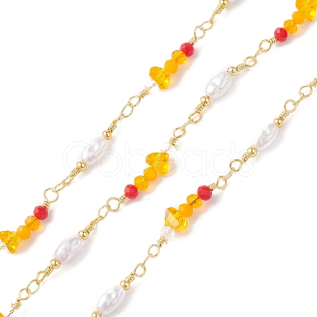 Brass Glass Bead Link Chains with ABS Imitation Pearl Beads CHS-P016-39G-07-1